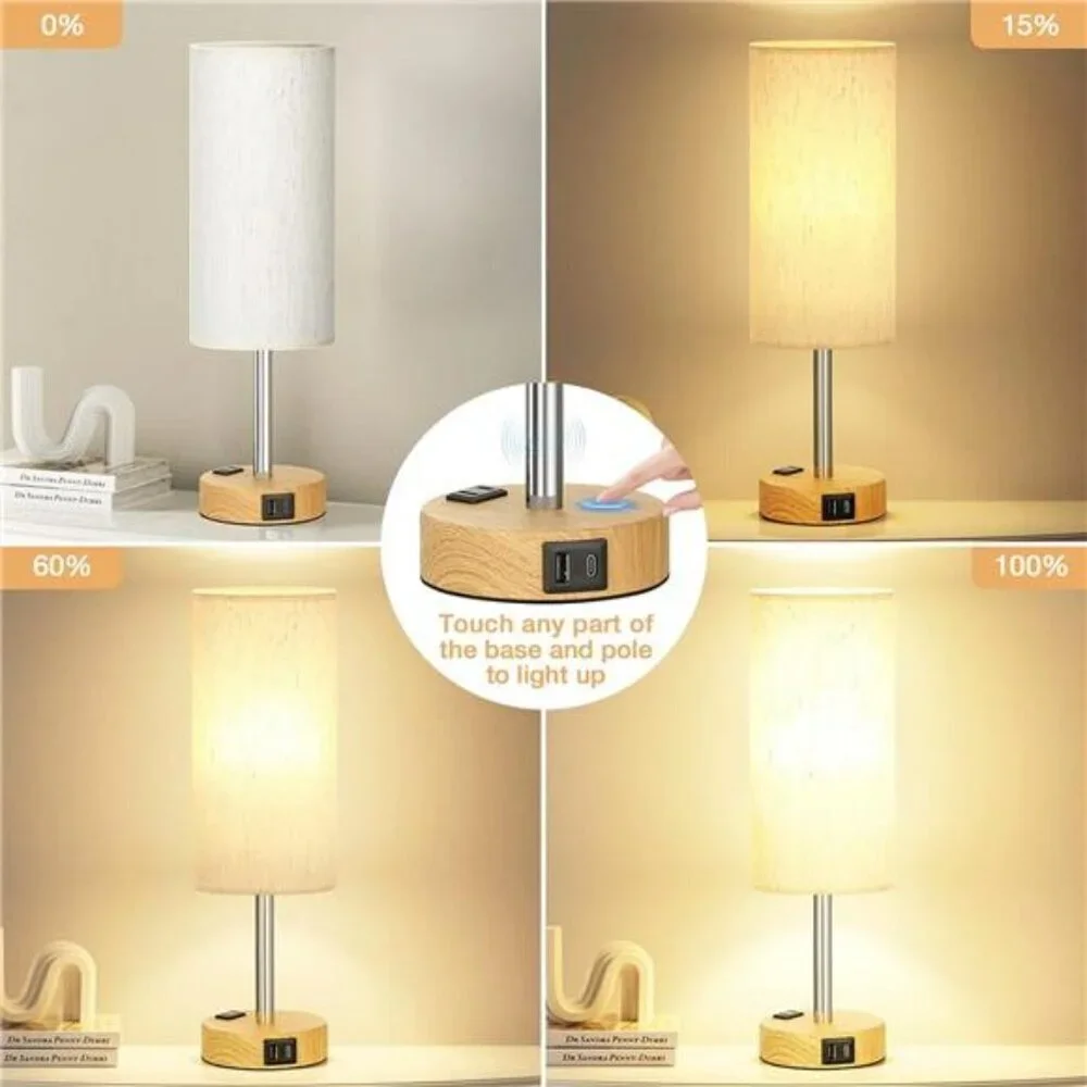 Bedside Table Lamp for Bedroom 3 Way Dimmable Touch Lamp USB C Charging Ports